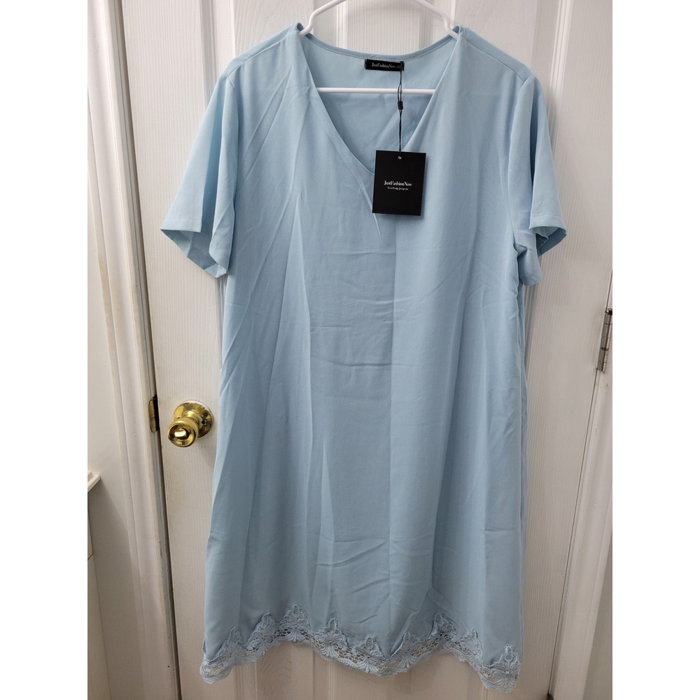JustFashionNow Light Blue Cotton Linen Lace Trim V-Neck Shift Dress XL 375234